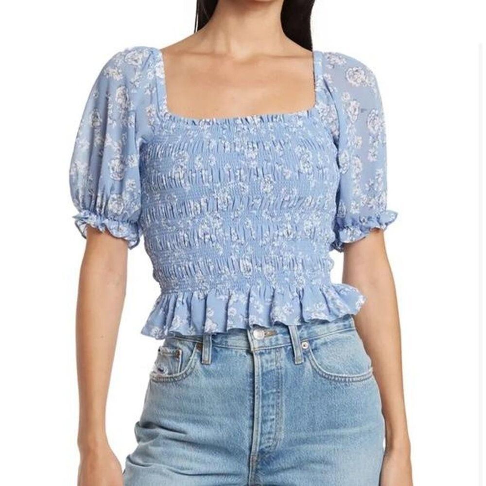 Wayf Blue floral off the shoulder blouse